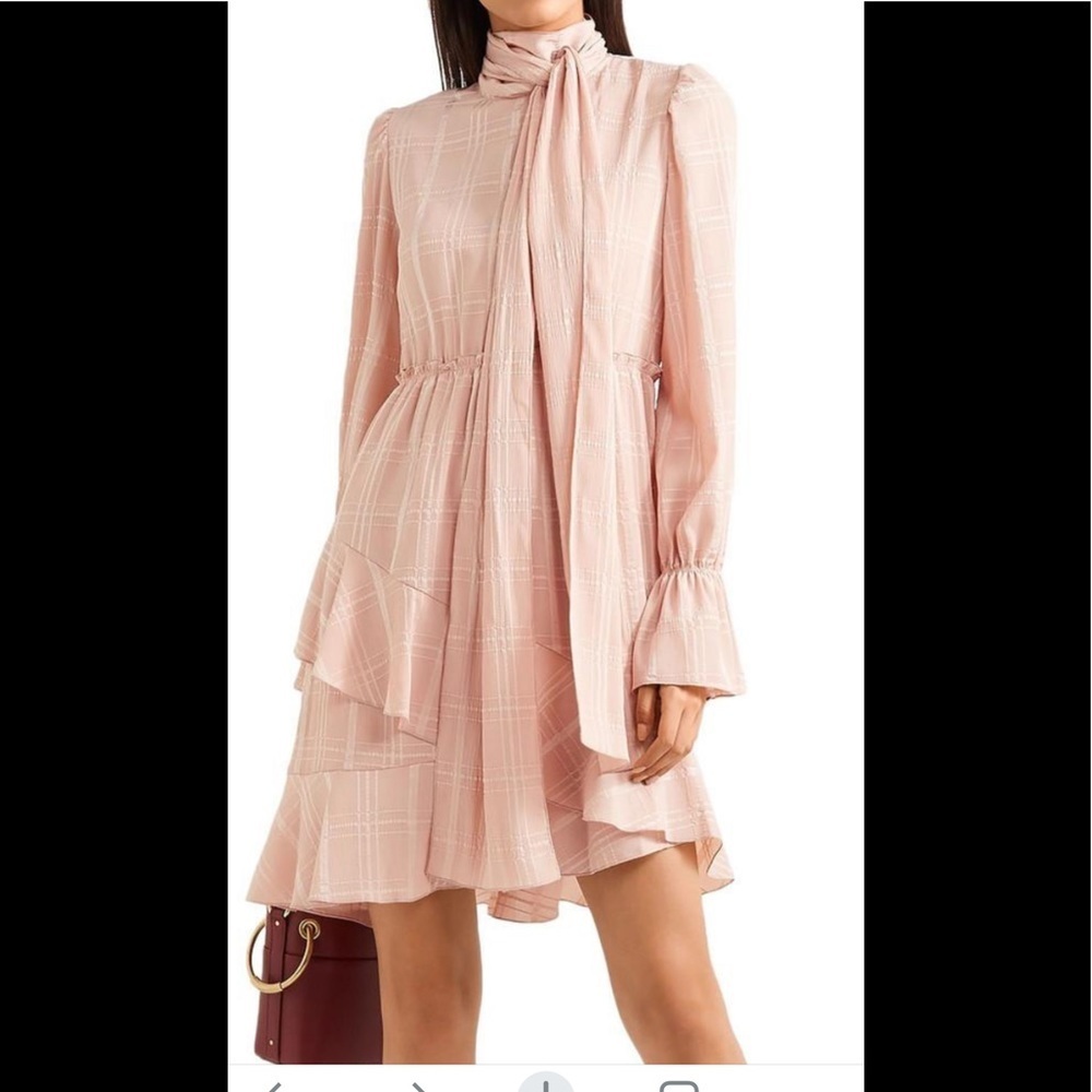 SEE BY CHLOE smoky pink/blush tie neck asymmetrical plisse’ crepe ruffled dress